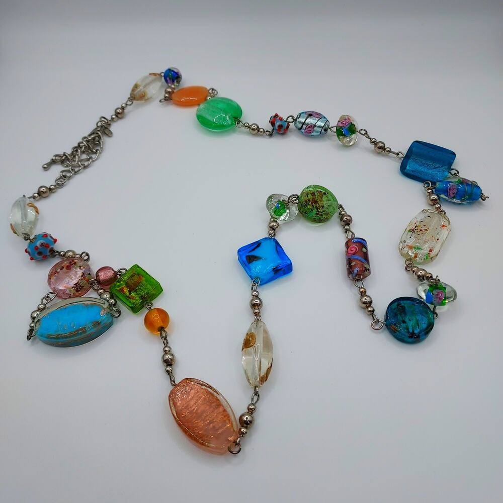Premier Designs Murano Venetian Style Glass Foil Bead Necklace 35" Signed